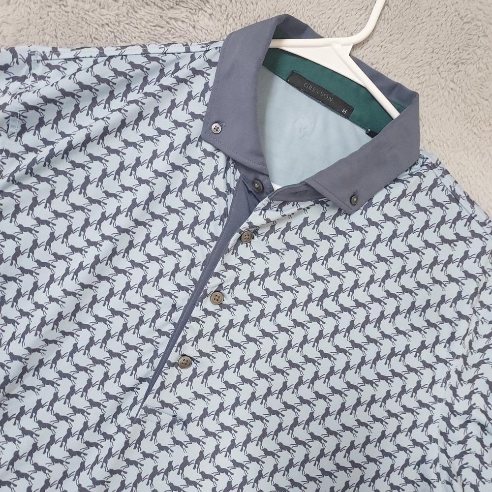 Greyson Polo Shirt Mens Medium Wolf Print Golf Performance Blue Jersey Stretch